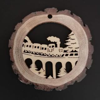 Dřevěná ozdoba s potiskem kůry - koule s vláčkem 6 cm