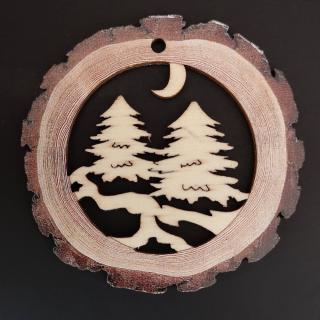 Dřevěná ozdoba s potiskem kůry - koule se stromy 6 cm