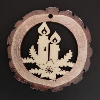 Dřevěná ozdoba s potiskem kůry - koule se svíčkami 6 cm