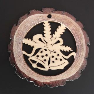Dřevěná ozdoba s potiskem kůry - koule se zvonky 6 cm