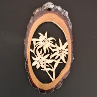 Dřevěná ozdoba s potiskem kůry - ovál s květinami 6 cm