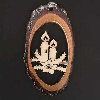 Dřevěná ozdoba s potiskem kůry - ovál se svíčkami 6 cm