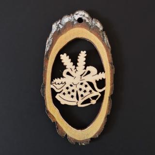 Dřevěná ozdoba s potiskem kůry - ovál se zvonky 6 cm