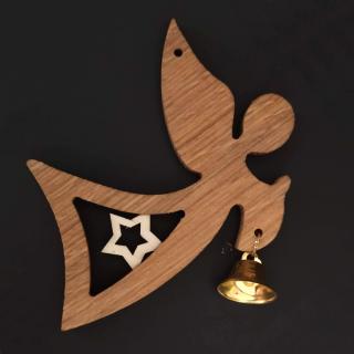 Dřevěná ozdoba z masivu - anděl s hvězdou a zvonkem 11 cm