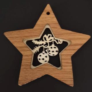 Dřevěná ozdoba z masivu s vkladem - hvězda s koulemi 8 cm