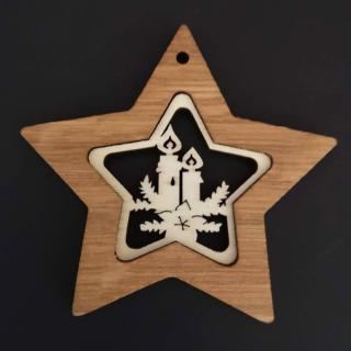 Dřevěná ozdoba z masivu s vkladem - hvězda se svíčkami 8 cm