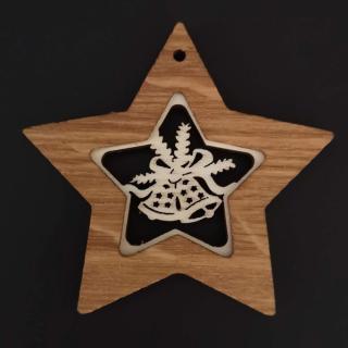 Dřevěná ozdoba z masivu s vkladem - hvězda se zvonky 8 cm