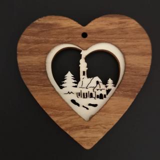 Dřevěná ozdoba z masivu s vkladem - srdce s kostelem 7 cm