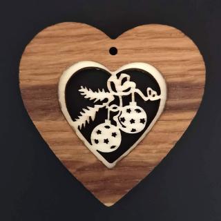 Dřevěná ozdoba z masivu s vkladem - srdce s koulemi 7 cm