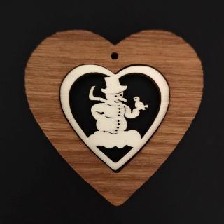 Dřevěná ozdoba z masivu s vkladem - srdce se sněhulákem 7 cm