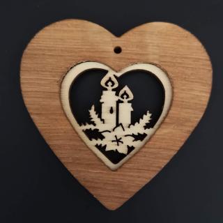 Dřevěná ozdoba z masivu s vkladem - srdce se svíčkami 7 cm