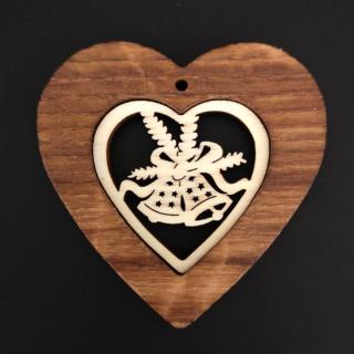 Dřevěná ozdoba z masivu s vkladem - srdce se zvonky 7 cm