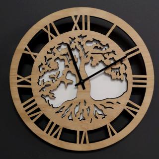 Dřevěné hodiny nástěnné kulaté, motiv stromu s kořeny, masivní dřevo, průměr 29 cm