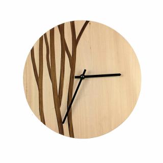 Dřevěné hodiny nástěnné kulaté se vzorem větvičky, masivní dřevo, průměr 25 cm