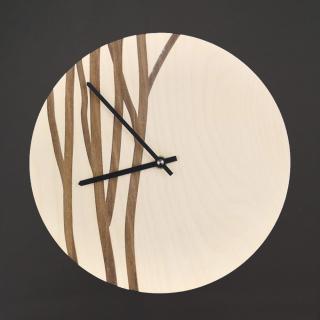 Dřevěné hodiny nástěnné s motivem větviček, masivní dřevo, průměr 25 cm