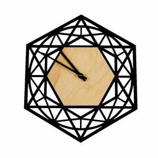 Dřevěné hodiny nástěnné ve tvaru šestiúhelníku, masivní dřevo, průměr 30 cm