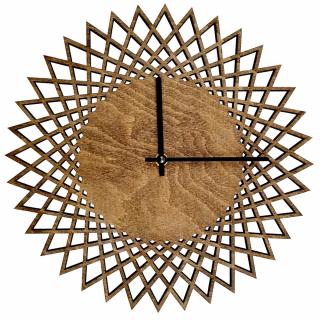 Dřevěné hodiny nástěnné ve tvaru slunce tmavé, masivní dřevo, průměr 30 cm