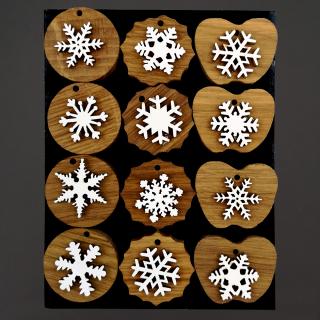 Dřevěné ozdoby z masivu s vločkou, 12 ks - MIX druhů v sáčku, 3 cm