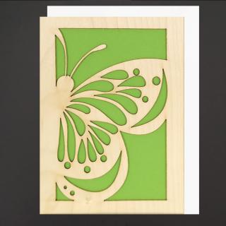 Dřevěné přáníčko motýl, zelené, A6, bez textu, český výrobek