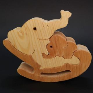Dřevěné puzzle houpací slon, masivní dřevo dvou druhů dřevin, 14x12,5x3 cm