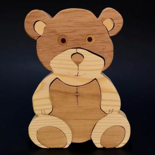Dřevěné puzzle medvěd, masivní dřevo dvou druhů dřevin, 15 cm