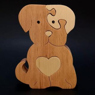 Dřevěné puzzle pes, masivní dřevo dvou druhů dřevin, 11x15x3 cm