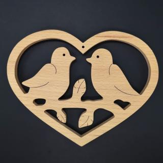 Dřevěné srdce s ptáčky, masivní dřevo, 18x14x1,5 cm
