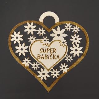 Dřevěné srdce s textem  super babička , 7 cm, český výrobek