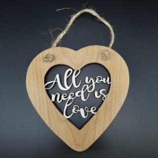 Dřevěné srdce s vkladem - All you need is love, masivní dřevo, velikost 16 cm