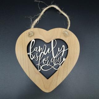 Dřevěné srdce s vkladem - Family is forever, masivní dřevo, velikost 16 cm