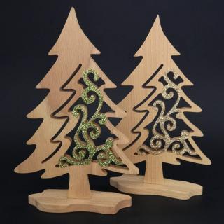 Dřevěný 3D strom jehličnan s prořezem a třpytkami - mix barev 21 cm
