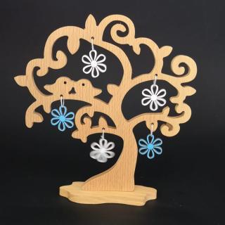 Dřevěný 3D strom s ptáčky a barevnými květy, masivní dřevo, výška 20 cm