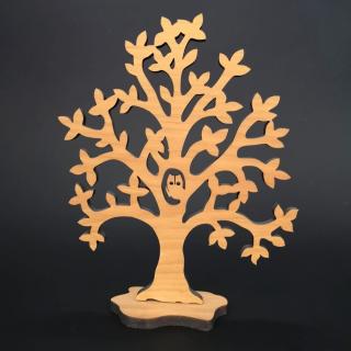 Dřevěný 3D strom se sovou, masivní dřevo, výška 20 cm