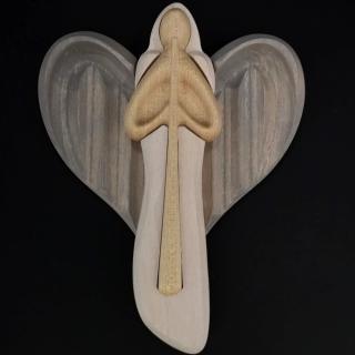 Dřevěný anděl s flétnou, barevný, masivní dřevo, 22x15x2 cm