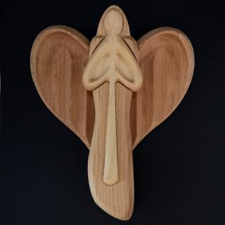 Dřevěný anděl s flétnou, masivní dřevo, 22x15x2 cm