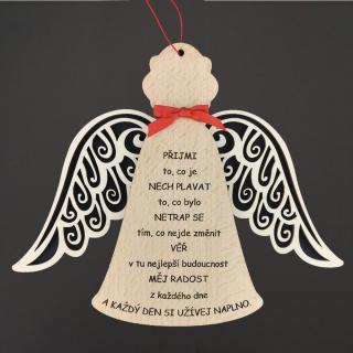 Dřevěný anděl s křídly a motivačním textem, masivní dřevo, 18 x 15 cm