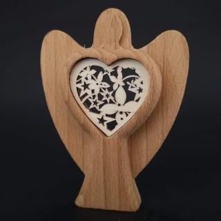 Dřevěný anděl s vkladem - ornament, masivní dřevo, výška 10 cm