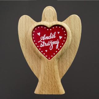 Dřevěný anděl s vkladem - srdíčko s textem Anděl strážný, masivní dřevo, výška 11 cm, český výrobek