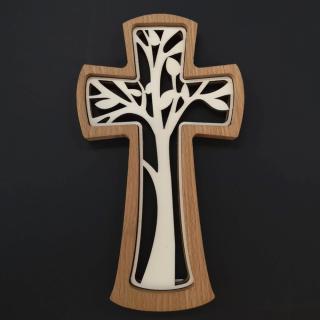 Dřevěný kříž z masivu s vkladem ve tvaru stromu 20 cm
