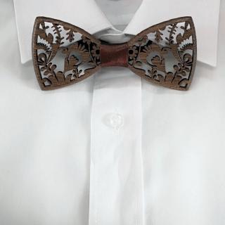 Dřevěný motýlek k obleku - krajka s hnědou stuhou 11 cm