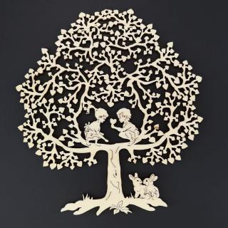 Dřevěný obrázek k vymalování  strom s dětmi, přírodní dekorace k zavěšení, výška 18 cm
