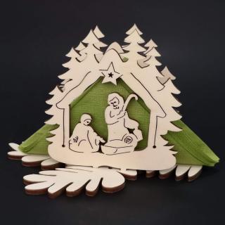Dřevěný stojánek na ubrousky s vánočním motivem betléma, velikost 10 cm