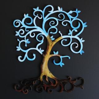 Dřevěný strom modrý, barevná závěsná dekorace, výška 20 cm
