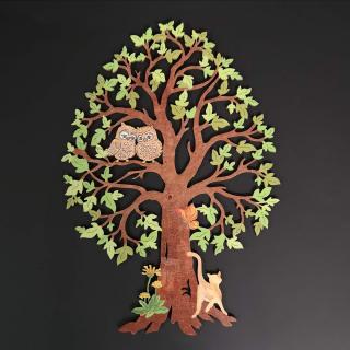 Dřevěný strom se sovami, barevná závěsná dekorace, výška 28 cm