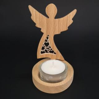Dřevěný svícen anděl s vkladem - srdce, masivní dřevo, 10x7,5x1,5 cm