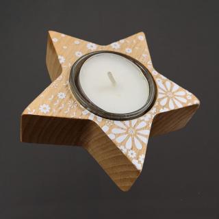 Dřevěný svícen hvězda květy, masivní dřevo, 10 cm, český výrobek