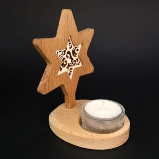 Dřevěný svícen hvězda s vkladem - ornament, masivní dřevo, výška 10 cm
