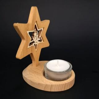 Dřevěný svícen hvězda s vkladem - svíčky, masivní dřevo, výška 10 cm