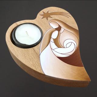 Dřevěný svícen srdce - betlém, masivní dřevo, 15 cm, český výrobek