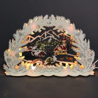 Dřevěný svítící portál s motivem vesničky, barevný, 34 cm